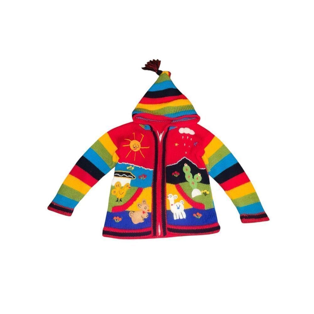 Wearable art Vintage kids handknit Animal Rainbow Full zip red farm sweater S/M